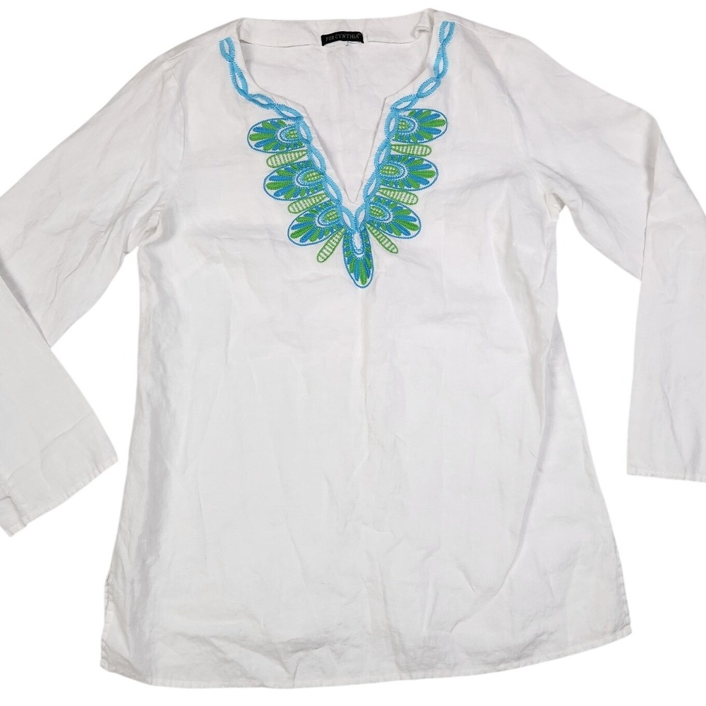 For Cynthia 100% Linen White Embroidered V-Neck Long Sleeve‎ Tunic Top